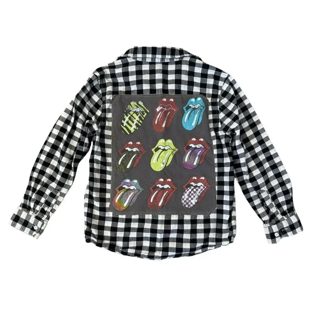 ROLLING STONES 70s Rock Retro Vintage Upcycled Plaid Flannel Kids Shirt L 10/12